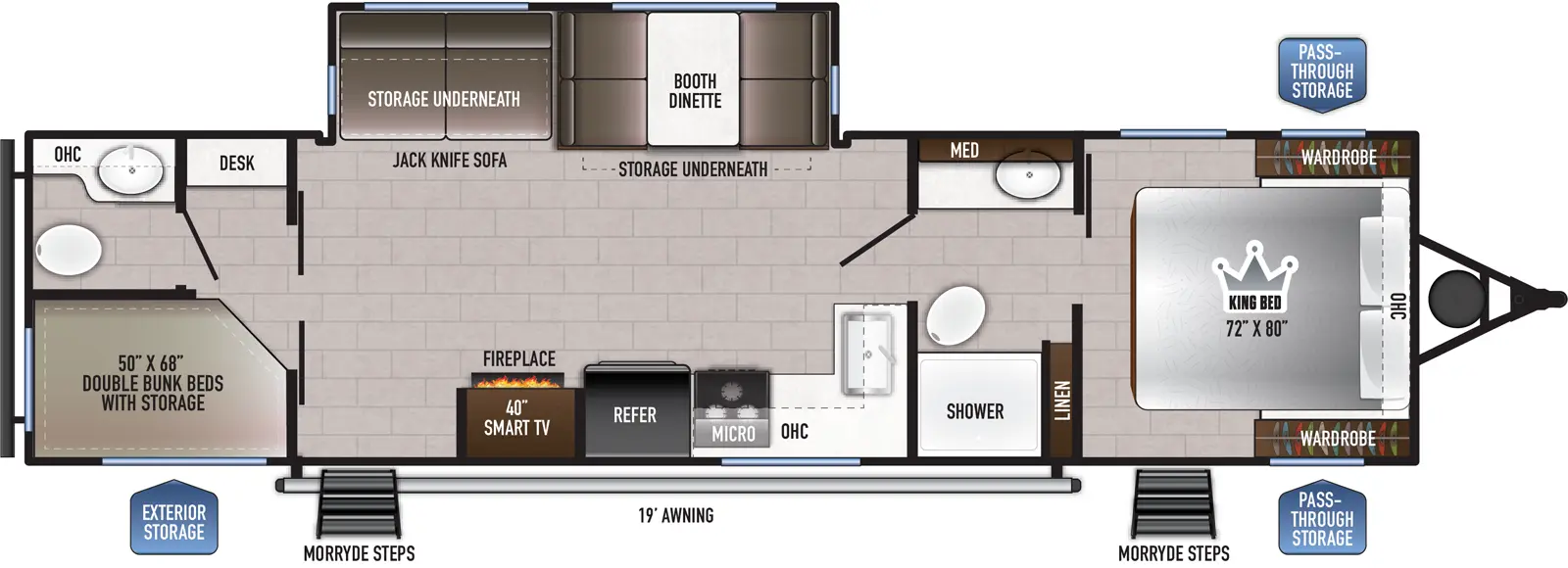 The 300DB has one slideout and two entries. Exterior features front pass-thru storage, MORryde entry steps, and 19 foot awning. Interior layout front to back: foot-facing king bed with overhead cabinet, wardrobes on each side, and entry door; split full pass-thru bathroom with linen closet and medicine cabinet; off-door side slideout with booth dinette with storage underneath, and jackknife sofa with storage underneath; kitchen counter with sink wraps from inner wall to door side with overhead cabinet, microwave, cooktop, refrigerator, smart tv with fireplace below, and entry; rear bunk room with off-door side desk and half bathroom with overhead cabinet, and door side double bunk beds with storage.